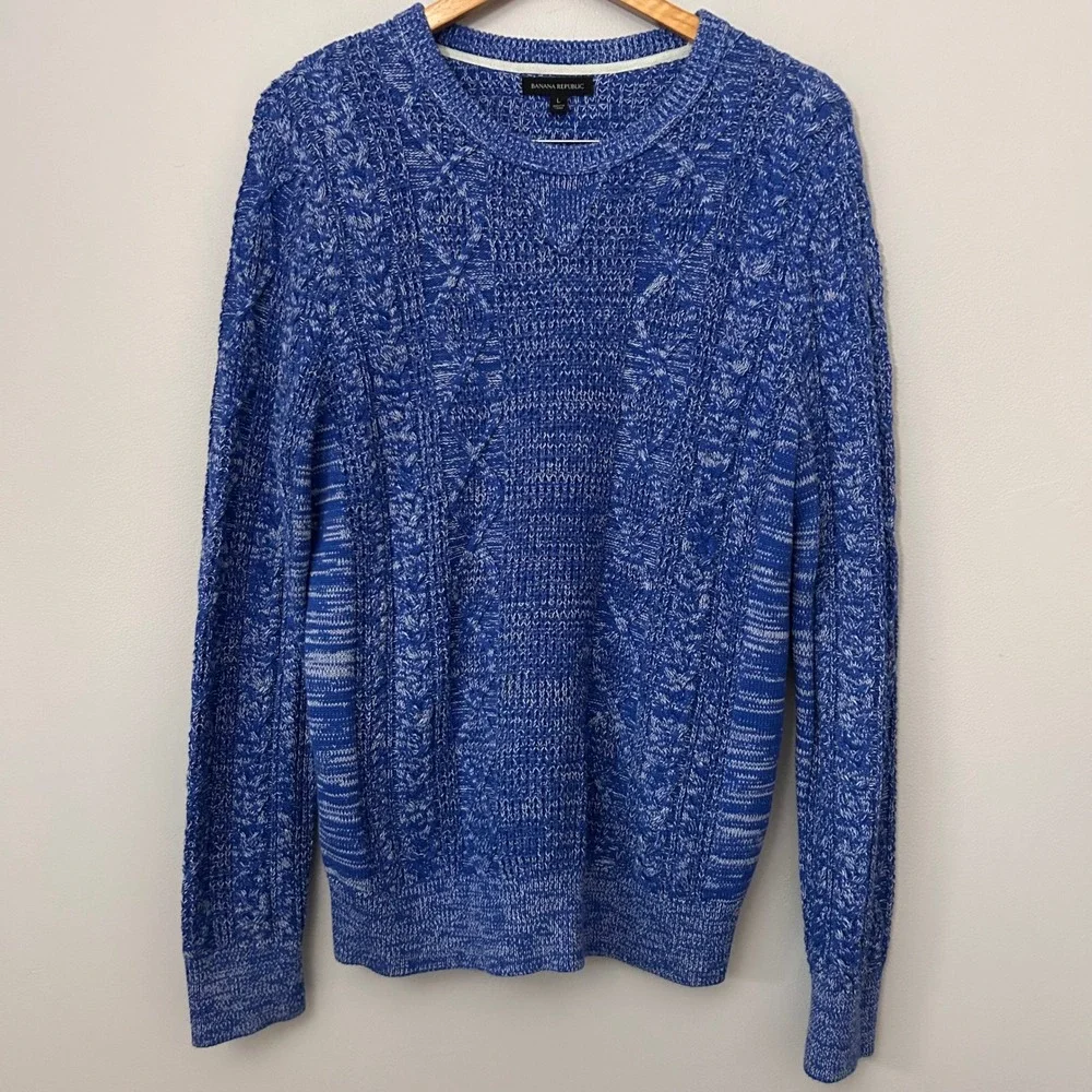 Banana Republic Sweater Mens Large Blue White Marl Cable Knit Crew Neck Pullover